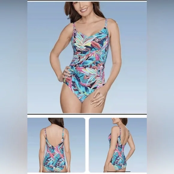 NWT AquaGreen Vibrant Leaf Print One Piece Swimsuit - Picture 2 of 4